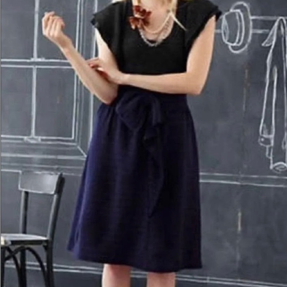 NWOT Anthro Moth Dress Black & Blue Pin Stripe with Bow Wool Blend Size Small‎